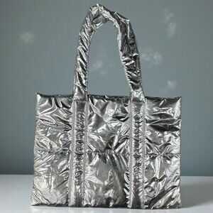 NEW BATH & BODY WORKS Metallic Silver Puffer Tote Bag Quilted Puffy Shoulder